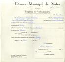 Registo de velocípede de marca Martano, com o nº 8952, em nome de Francisco Viegas Carreira, morador em Queluz.