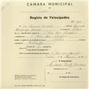 Registo de velocípede de marca Aprilia, com o nº 950, em nome de José Manuel Duarte, morador em S. João das Lampas.