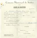 Registo de velocípede com o nº 5708, em nome de António Oliveira Luís, morador em Quinta das Serradas, Sintra.