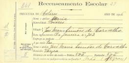 Recenseamento escolar de Maria de Carvalho, filha de José Maria Simões de Carvalho, moradora na Várzea.