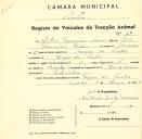 Registo de um veiculo de duas rodas tirado por um animal de espécie cavalar destinado a transporte de mercadorias em nome de Artur Francisco Soares, morador na Várzea de Sintra.