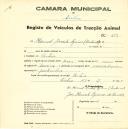 Registo de um veiculo de duas rodas tirado por um animal de espécie bovina destinado a transporte de mercadorias em nome de Manuel Duarte Resina, morador em Sintra.