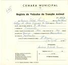Registo de um veiculo de duas rodas tirado por um animal de espécie asinina destinado a transporte de mercadorias em nome de Américo Estêvão Simões, morador em Camarões.
