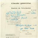 Registo de velocípede com o nº 4547, em nome de João Valério Vicente, morador em Almoçageme.