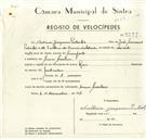 Registo de velocípede de marca Raio, com o nº 9399, em nome de António Joaquim Paliotes, morador em Mem Martins.