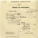 Registo de velocípede de marca Champion, com o nº 1545, em nome de António Vicente, morador em Queluz.