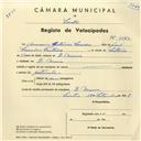 Registo de velocípede com o nº 3873, em nome de Américo Esteves Simões, morador em D. Maria.
