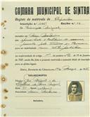 Registo de matricula de velocipedista em nome de Dionísio Miguel, morador em Mem Martins, com o nº de inscrição 1105.