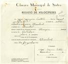 Registo de velocípede de marca Olimpique, com o nº 9454, em nome de José Joaquim Caetano, morador em Alcolombal.