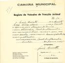 Registo de um veiculo de duas rodas tirado por um animal de espécie cavalar destinado a transporte de mercadorias em nome de Luís Aniceto, morador em Albarraque.