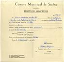 Registo de velocípede de marca Nacional, com o nº 9713, em nome de Mário Frederico dos Santos, morador em Belas.