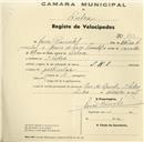 Registo de velocípede de marca S.K.S., com o nº 453, em nome de Vasco Pimentel, morador em S. Pedro de Sintra.