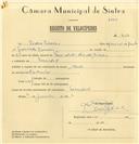 Registo de velocípede de marca Azur, com o nº 7123, em nome de Pedro Pereira, morador em Serradas.