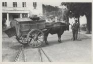 Carro de bois para limpeza urbana sobre os carris do elétrico em frente ao Hotel Costa na praça da República na vila de Sintra. 