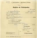 Registo de velocípede com o nº 2449, em nome de Joaquim Pedro Grácio, morador em Queluz.