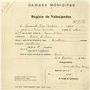 Registo de velocípede de marca Mauritania, com o nº 2371, em nome de Armindo Dias Moleiro, morador em Cacém de Cima.