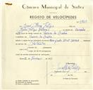 Registo de velocípede de marca Raio, com o nº 9723, em nome de José Rosa Filipe, morador em Várzea de Sintra.
