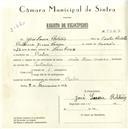 Registo de velocípede com o nº 5627, em nome de José Sousa Roldão, morador em Belas.