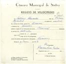 Registo de velocípede de marca Nacional, com o nº 9535, em nome de António Alexandre, morador em Francos.