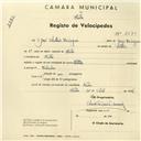 Registo de velocípede de marca Soltex, com o nº 2470, em nome de José António Rodrigues, morador em Sintra.