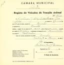 Registo de um veiculo de duas rodas tirado por um animal de espécie asinina destinado a transporte de mercadorias em nome de Diolinda J. Luís Carvalho, morador na Baratã.