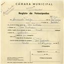 Registo de velocípede de marca Mourão, com o nº 4115, em nome de Armando Filipe, morador em Pero Pinheiro.