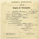 Registo de velocípede de marca Rapid, com o nº 1848, em nome de António Domingos, morador em Aldeia Galega.