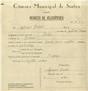 Registo de velocípede de marca Dover, com o nº 8160, em nome de Alfredo Correia, morador em Cacém.