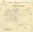 Registo de velocípede com o nº 10021, em nome de Casimiro Filipe Alpendrinho, morador em Linhó.