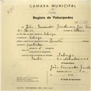 Registo de velocípede de marca Invicta, com o nº 2762, em nome de João Fernandes Gancho, morador em Sabugo.