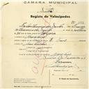 Registo de velocípede de marca E. France, com o nº 1182, em nome de Carlos Lourenço dos Santos, morador em Morelena.
