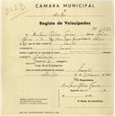 Registo de velocípede com o nº 1290, em nome de António Pedro Torres, morador em Lourel.