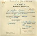 Registo de velocípede com o nº 274, em nome de António Simões, morador em Agualva.