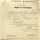 Registo de velocípede de marca Olympique, com o nº 578, em nome de Domingos Carvalho Pinto, morador em S. Sebastião, Colares.