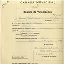 Registo de velocípede com o nº 2143, em nome de Manuel Vicente Garcia, morador em Bolembre.
