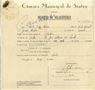 Registo de velocípede de marca VN Mota, com o nº 8712, em nome de Vítor José Névoa, morador em Rua José Antunes dos Santos, Sintra.