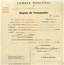 Registo de velocípede com o nº 4672, em nome de Aníbal Libanio Quintino, morador em Montelavar.