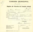 Registo de um veiculo de duas rodas tirado por um animal de espécie cavalar destinado a transporte de mercadorias em nome de Hans Wimmer, morador em Belas.