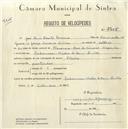 Registo de velocípede de marca Flecha com o nº 5405, em nome de José Luís Benito Serrano, morador em Madre Deus, Sintra.