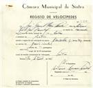 Registo de velocípede de marca Treizeler com o nº 9317, em nome de José Guilherme Pombal, morador em Sintra.