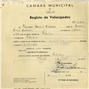 Registo de velocípede com o nº 3945, em nome de Feliciano Manuel Catarino, morador em Bolembre.