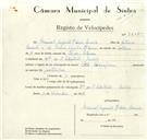 Registo de velocípede de marca Champion, com o nº 9407, em nome de Manuel Augusto Ribeiro Saraiva morador em Quinta de S. Sebastião, Sintra.