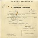 Registo de velocípede de marca Champion, com o nº 525, em nome de Manuel Justino, morador em Vale de Lobos.