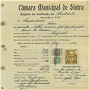 Registo de matricula de velocipedista em nome de Francisco Amado, morador em Colares, com o nº de inscrição 563.