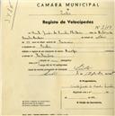 Registo de velocípede com o nº 2100, em nome de Vicente Guedes da Cunha Monteiro, morador em Sintra.
