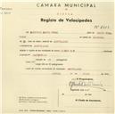 Registo de velocípede de marca Cicles R.P., com o nº 2613, em nome de Porfirio David Urmal, morador em Montelavar.