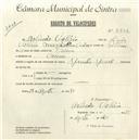 Registo de velocípede de marca Sprinter Special, com o nº 4806, em nome de Arlindo Valério, morador em Cacém.