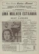 Programa do filme, comédia, "Uma Mulher Estranha" com a participação de Hedy Lamarr, George Sanders e Luis Hayward. 