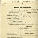 Registo de velocípede de marca Popular Especial, com o nº 2069, em nome de Francisco Mendes Madeira, morador em Queluz.