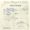 Registo de velocípede de marca Mourão, com o nº 5278, em nome de António Vilar Bravo, morador em Queluz.